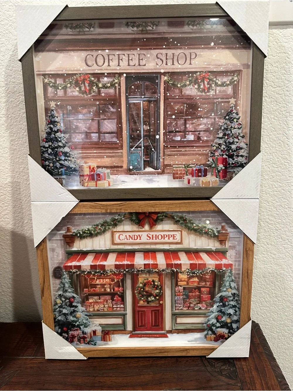 SET OF 2! Winter Coffee Shop & Christmas Candy Shop Shadow Box Wall Art Pictures